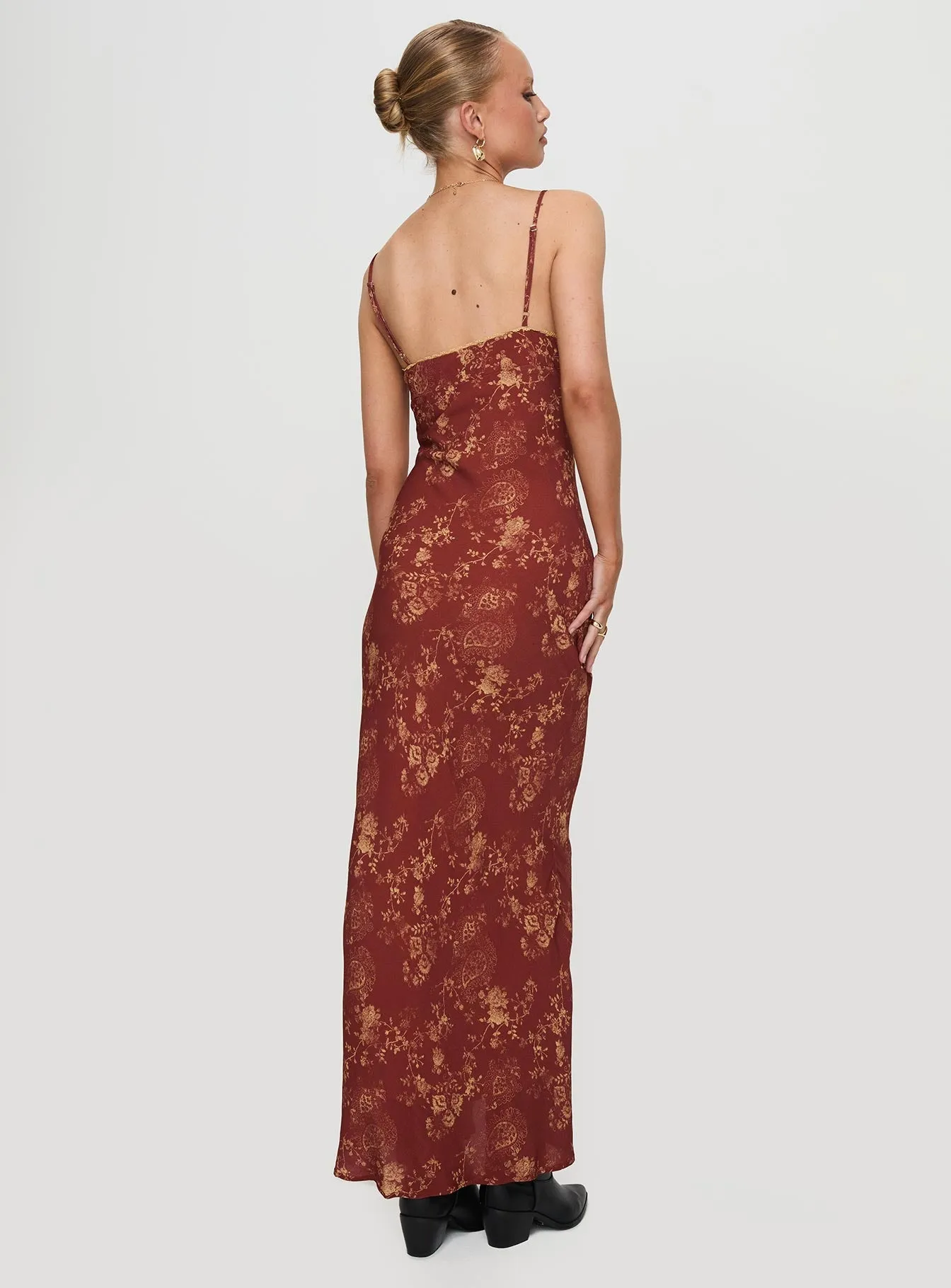 Weekend Escape Metal Shine Bombay Bias Maxi Dress Rust