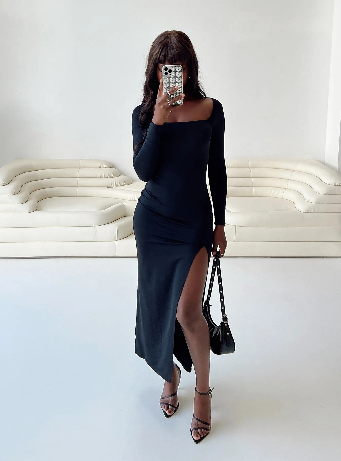 Hayward Long Sleeve Midi Dress Black Seaside Path