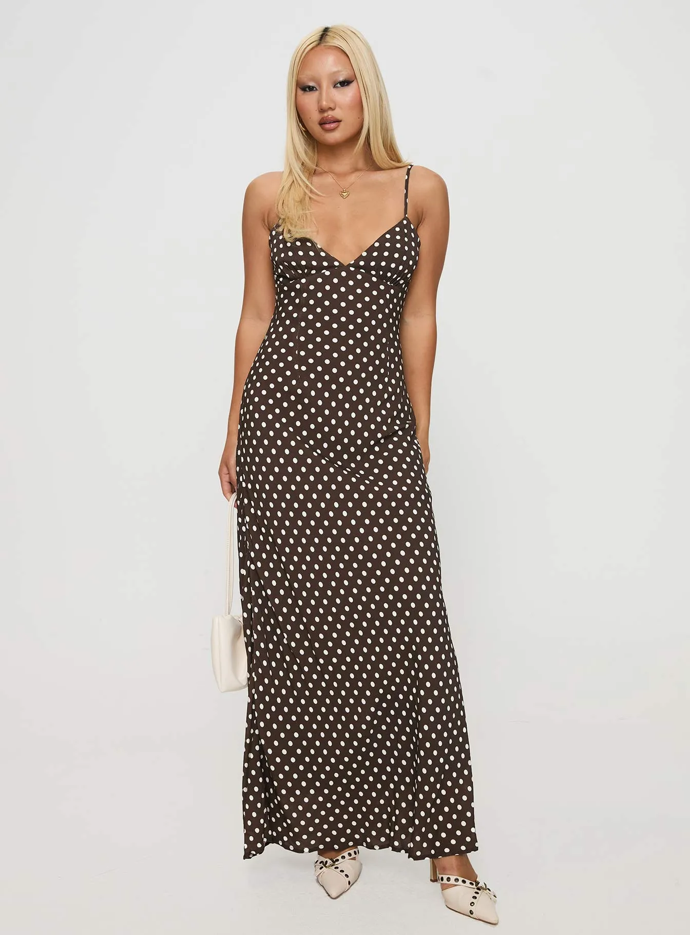Silver Glow Jorjana Polka Maxi Dress Brown / White