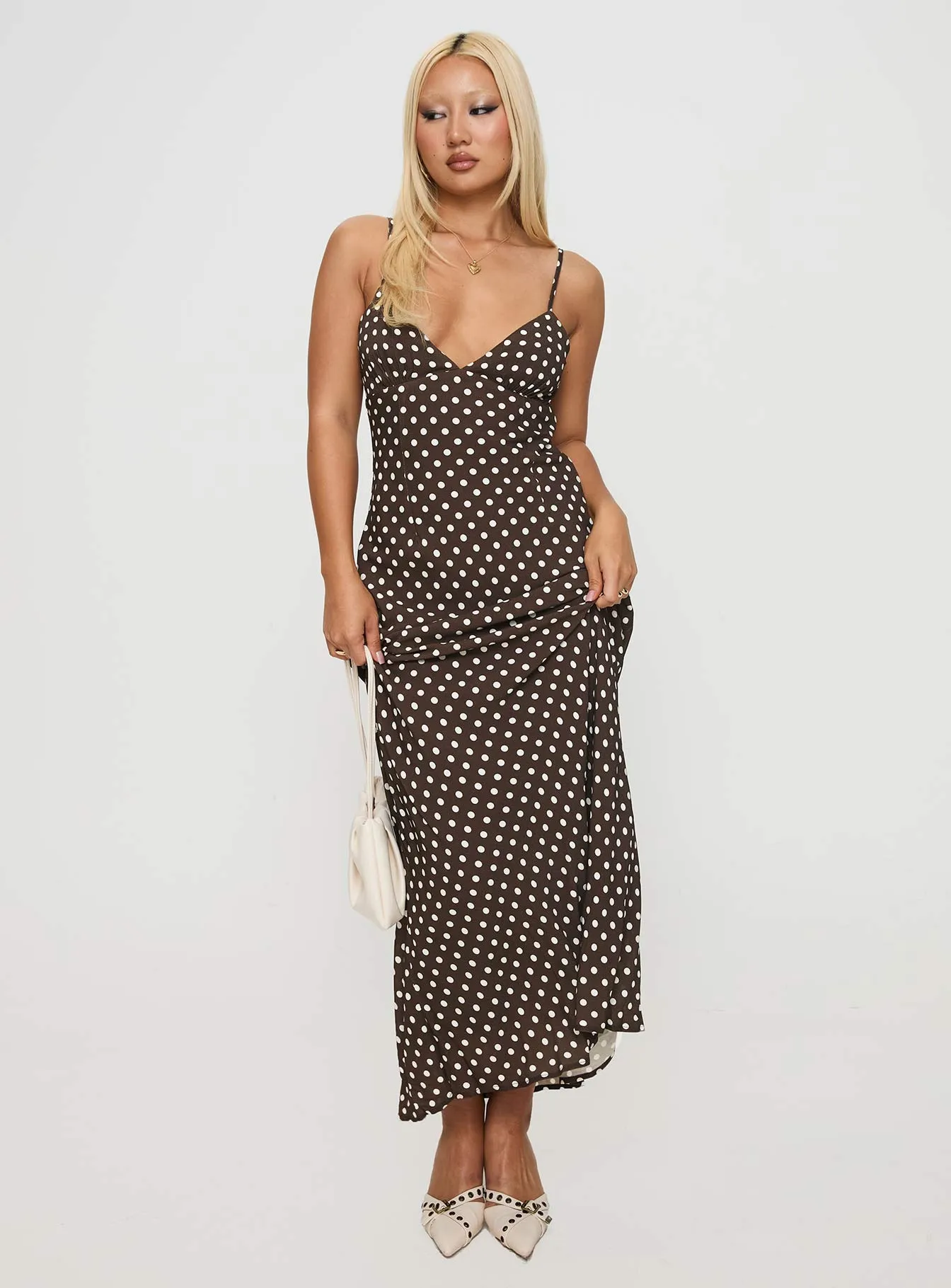 Jorjana Polka Maxi Dress Brown / White Lace Panel Candle Glow
