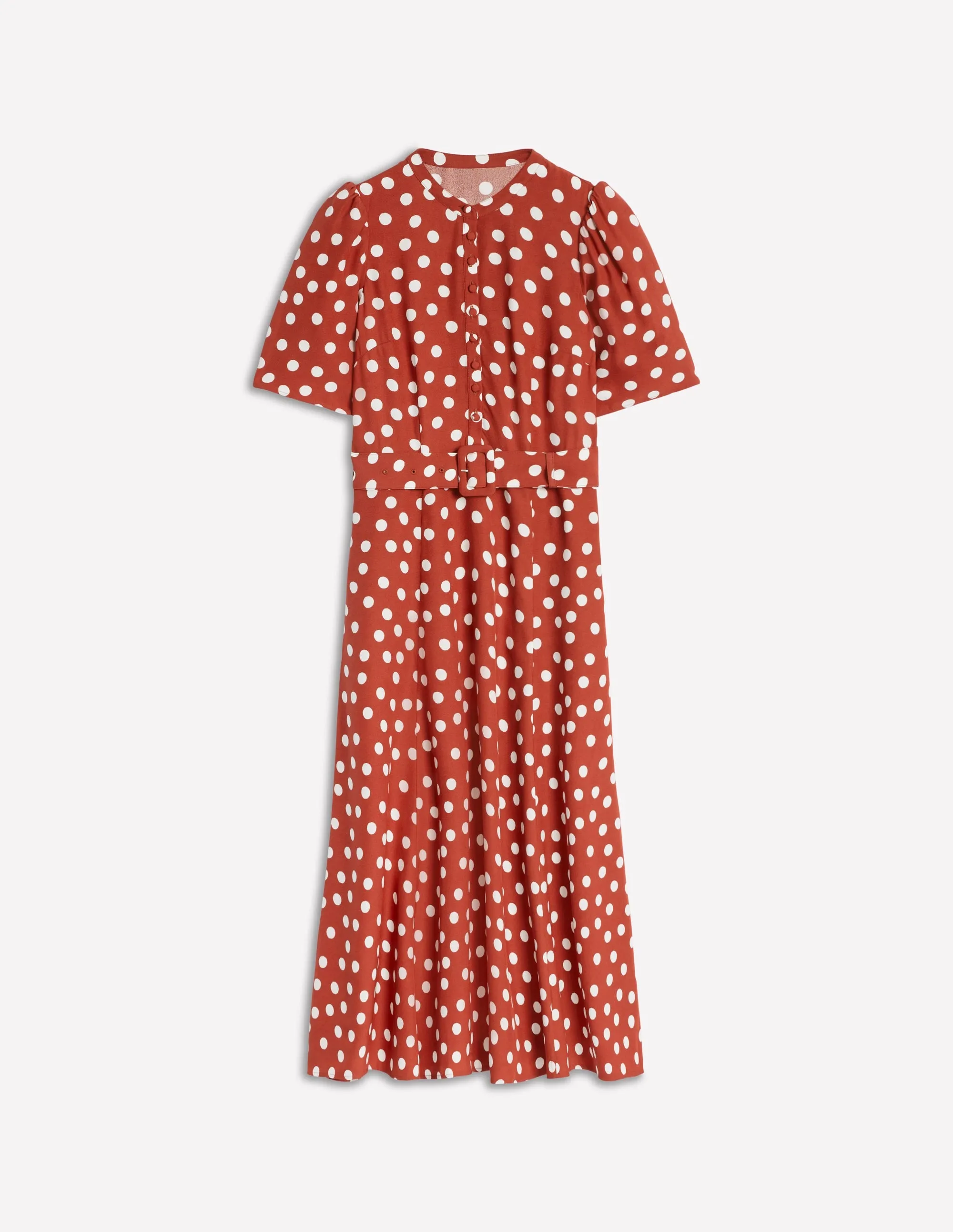 Comfy All Day Kate Puff Sleeve Belted Dress-Roasted Chestnut, Painted Dot