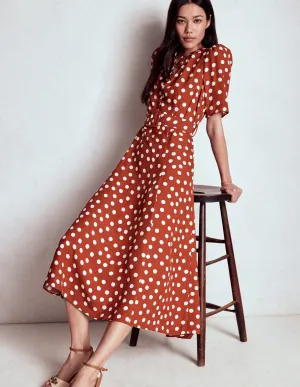 Comfortable Design Kate Puff Sleeve Belted Dress-Roasted Chestnut, Painted Dot