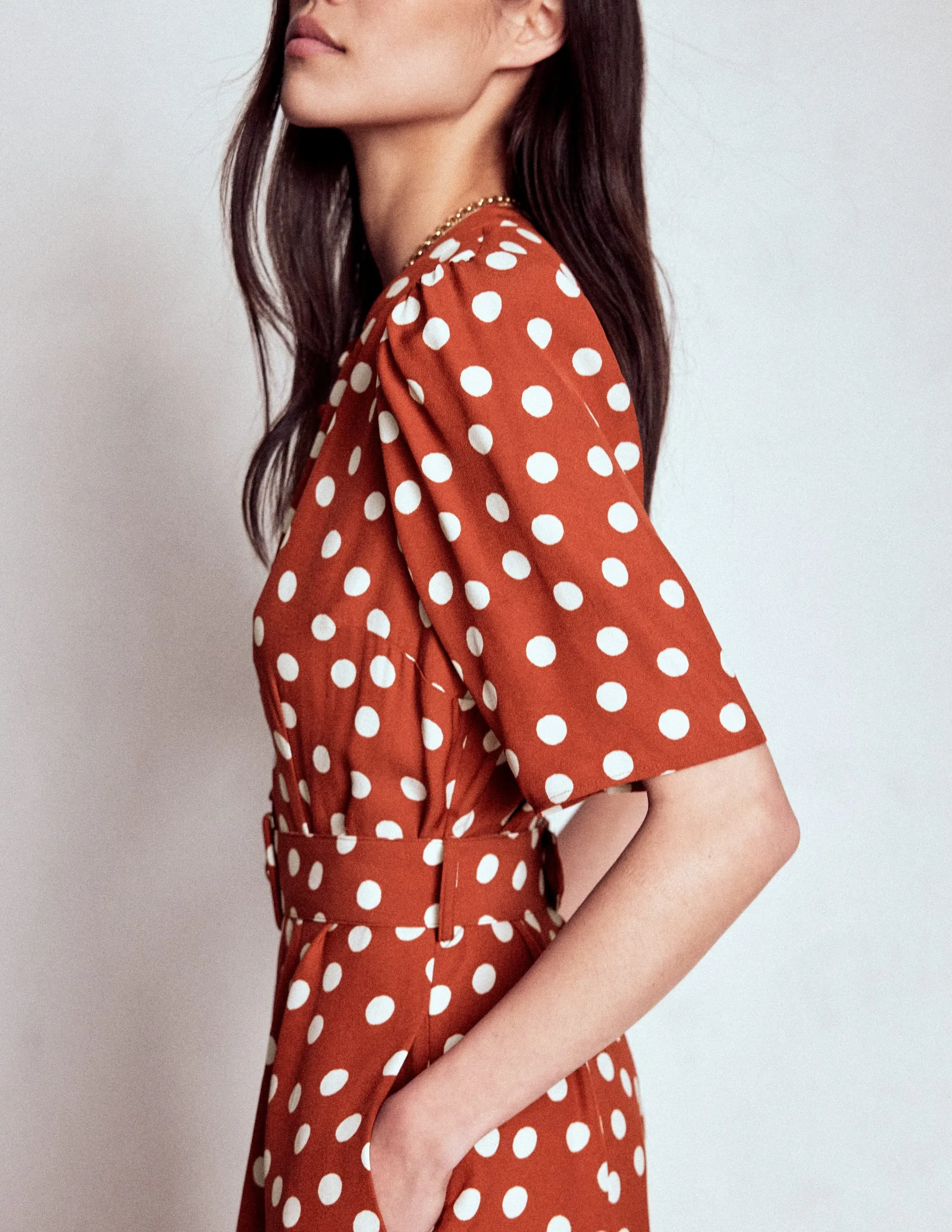 Elegant semi-formal gown Kate Puff Sleeve Belted Dress-Roasted Chestnut, Painted Dot