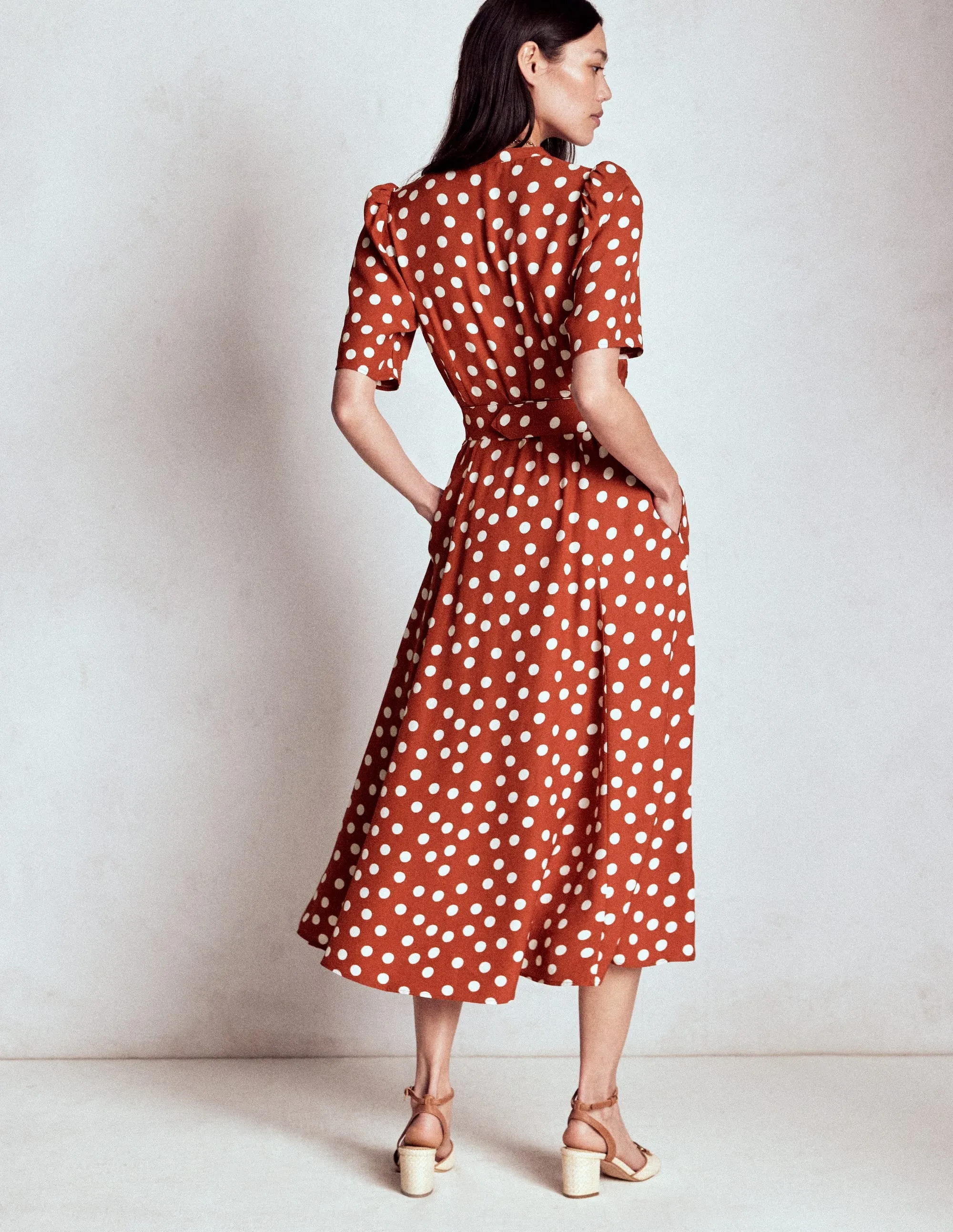 Kate Puff Sleeve Belted Dress-Roasted Chestnut, Painted Dot Simple and timeless piece
