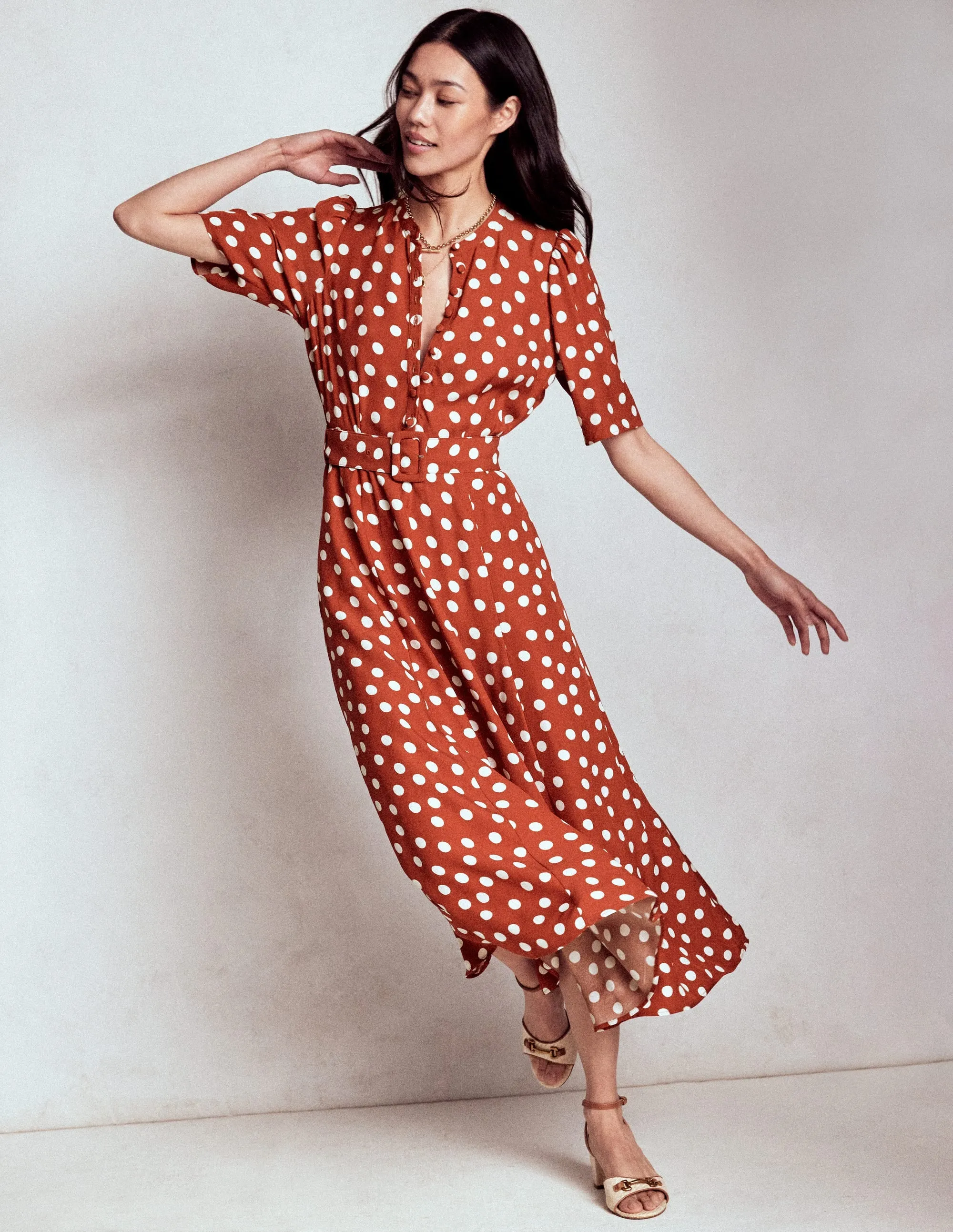Kate Puff Sleeve Belted Dress-Roasted Chestnut, Painted Dot Minimalist Design