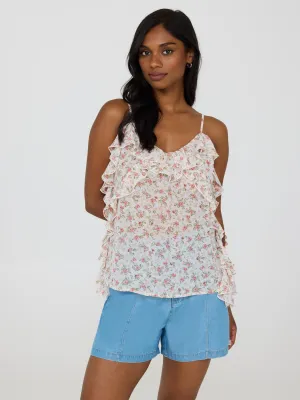 OdorResistant Floral Print Ruffle Chiffon Tank Top