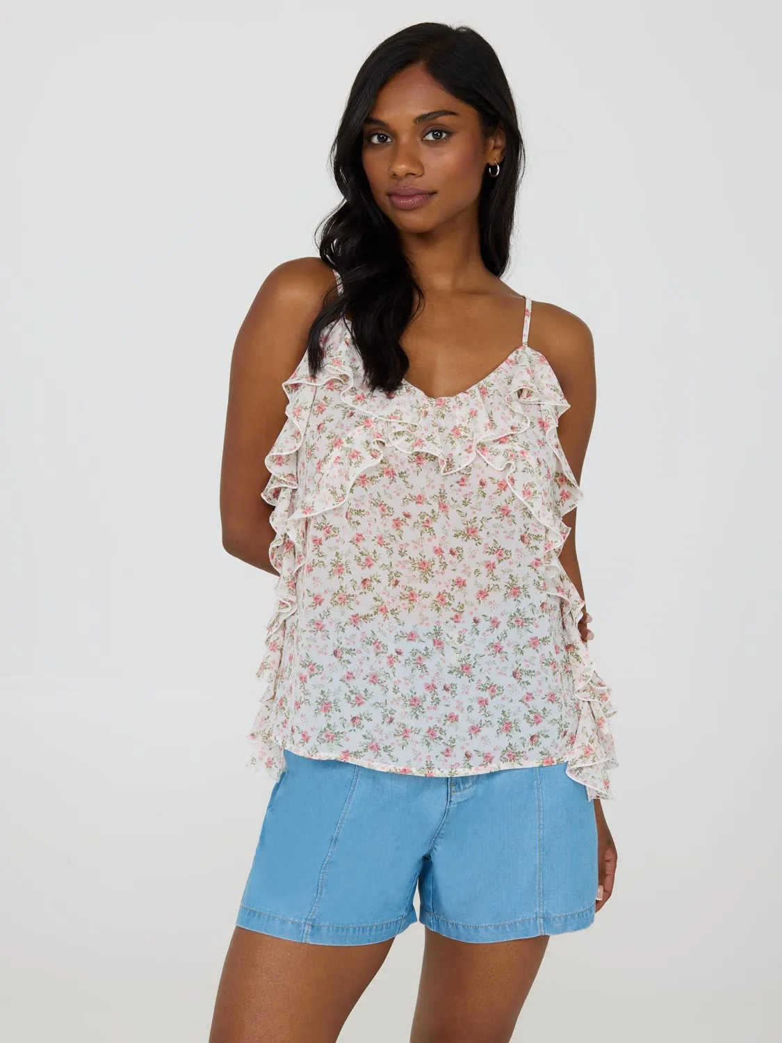Floral Print Ruffle Chiffon Tank Top RecycledBlend