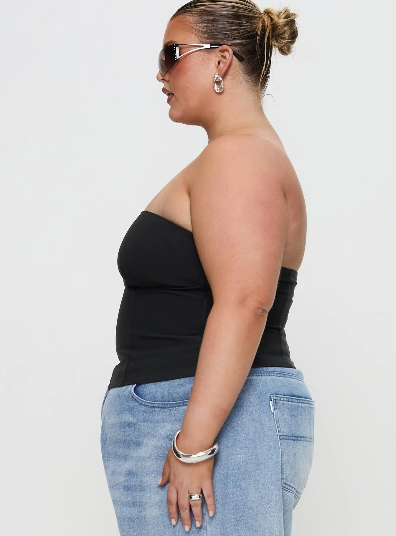MicroPerforated Details Flounce Strapless Top Black Curve