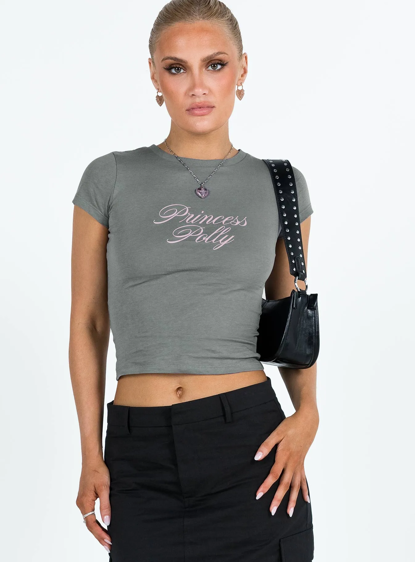 Princess Polly Cursive Tee Grey / Pink Sophisticated Casual