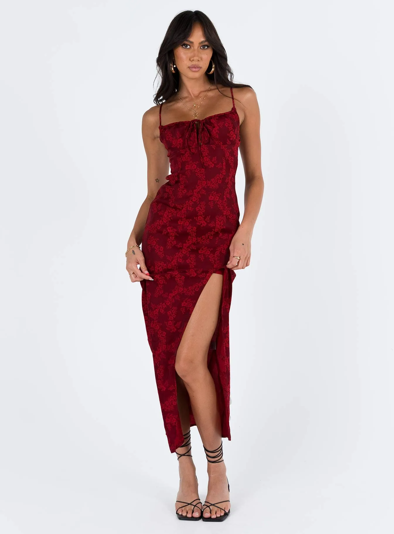 With its sleek and chic design this dress is perfect for both casual and formal settings Mesh Glow Noda Maxi Dress Burgundy