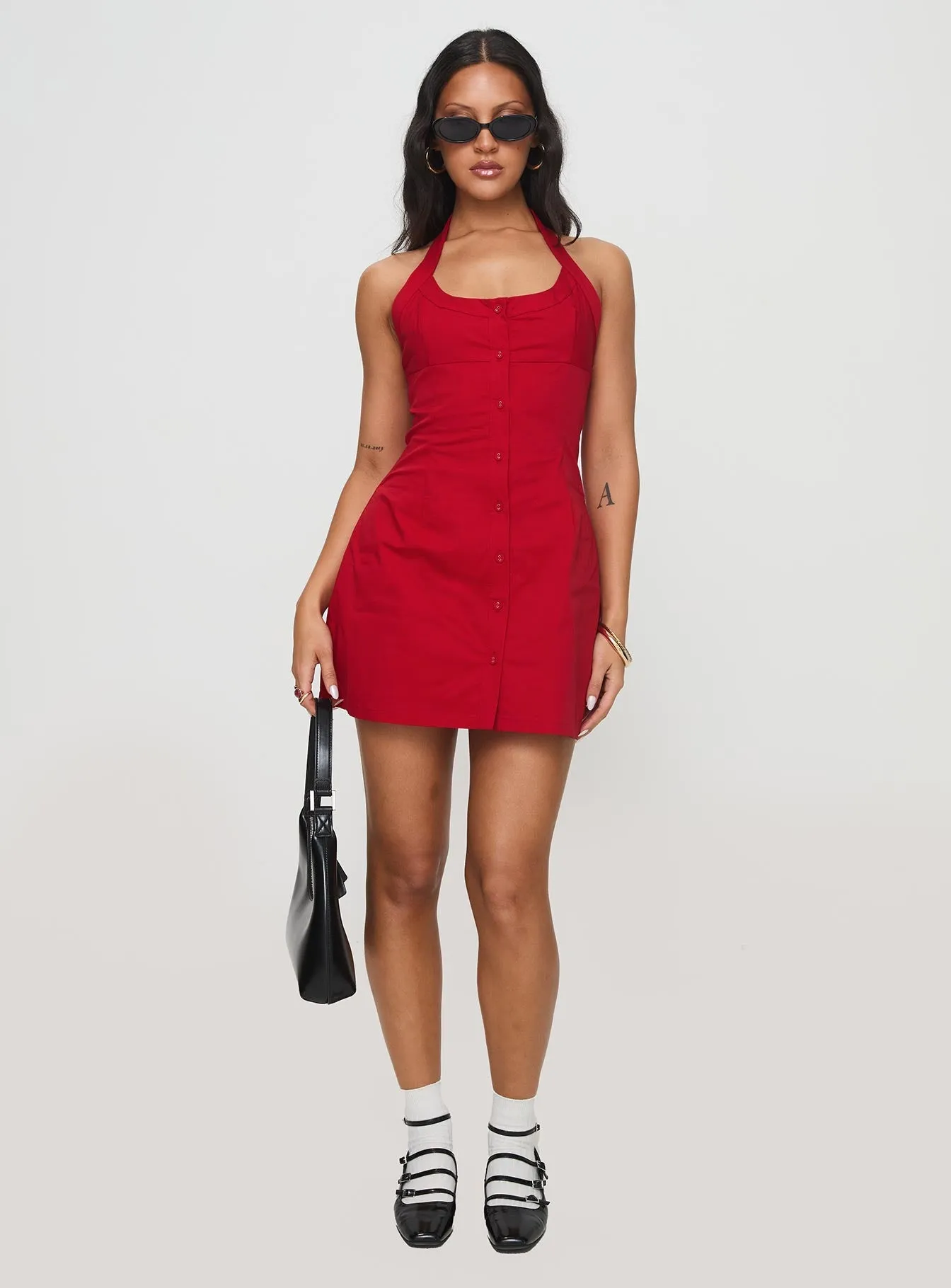 Mallorie Halter Mini Dress Red Summer Wear Shine Glow