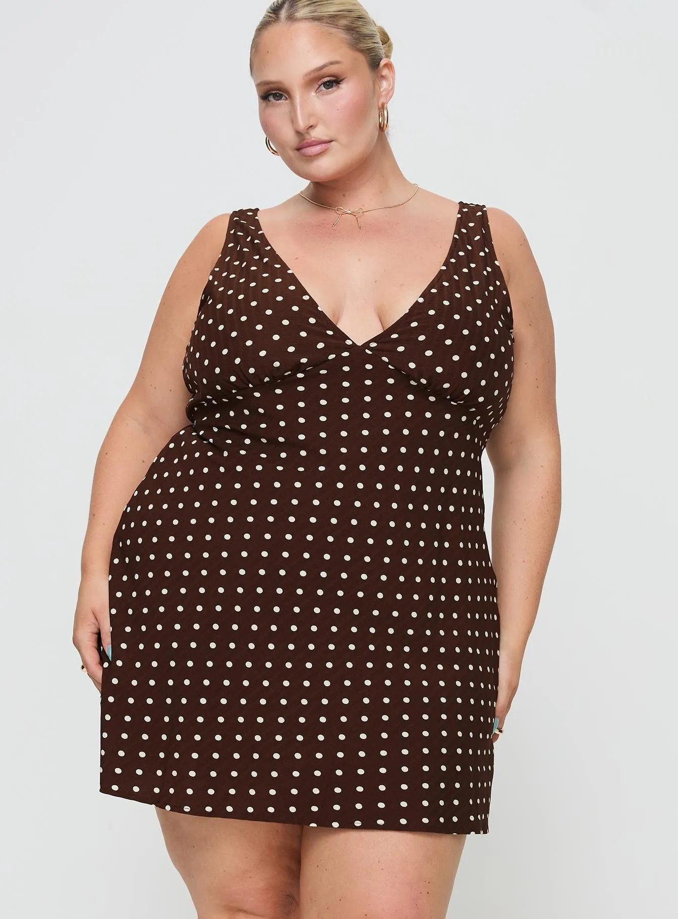 Soft touch finish Cozy Wear Nellie Mini Dress Brown Polka Dot Curve