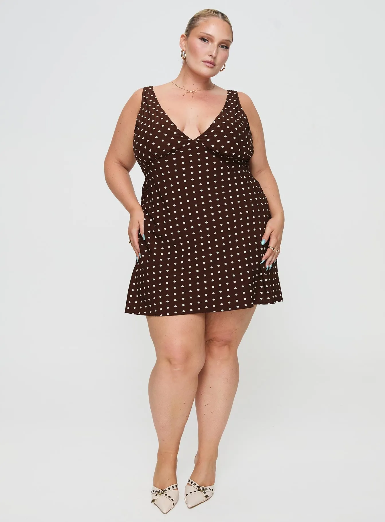 Pop Fresh Star Warm Nellie Mini Dress Brown Polka Dot Curve