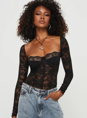 Elegant Sport Cadrot Long Sleeve Lace Bodysuit Black