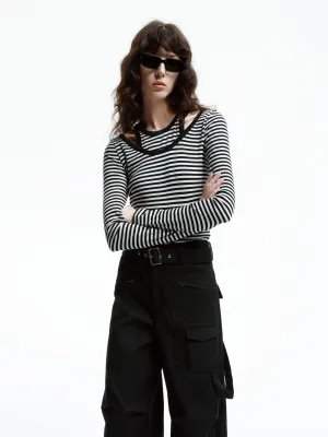Cut shoulder Striped T-shirt Fade Resistant Dye WrinkleFreeFabric