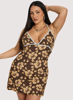 Mishie Halter Mini Dress Brown / Blue Floral Curve Pop Beat