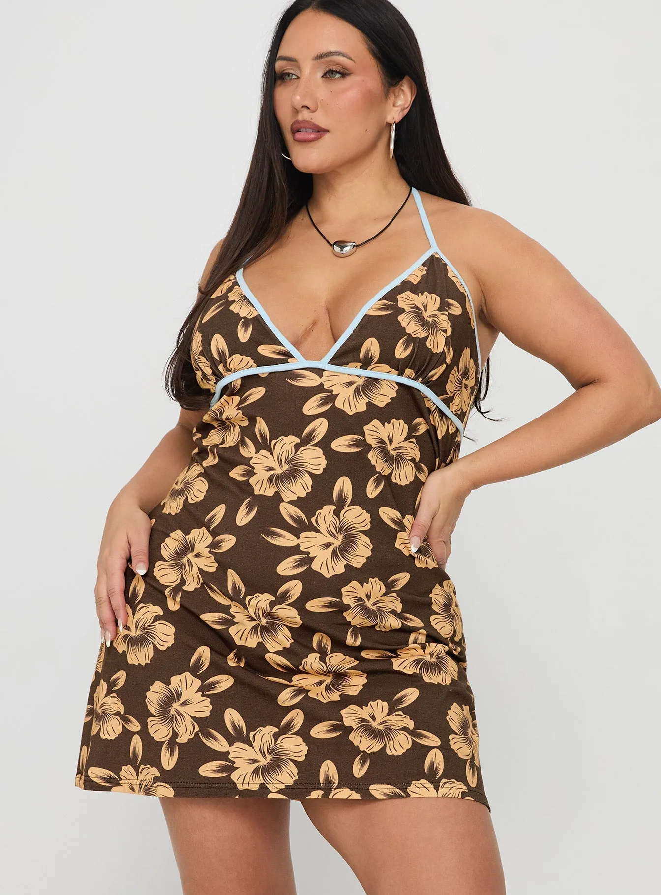 Dressy Cool Light Edge Mishie Halter Mini Dress Brown / Blue Floral Curve