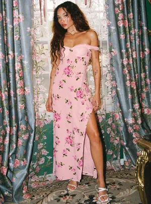 Emmeline Off The Shoulder Maxi Dress Pink Floral Happy Vibe The flattering cut of this dress creates a polished appearance without being overly fussy