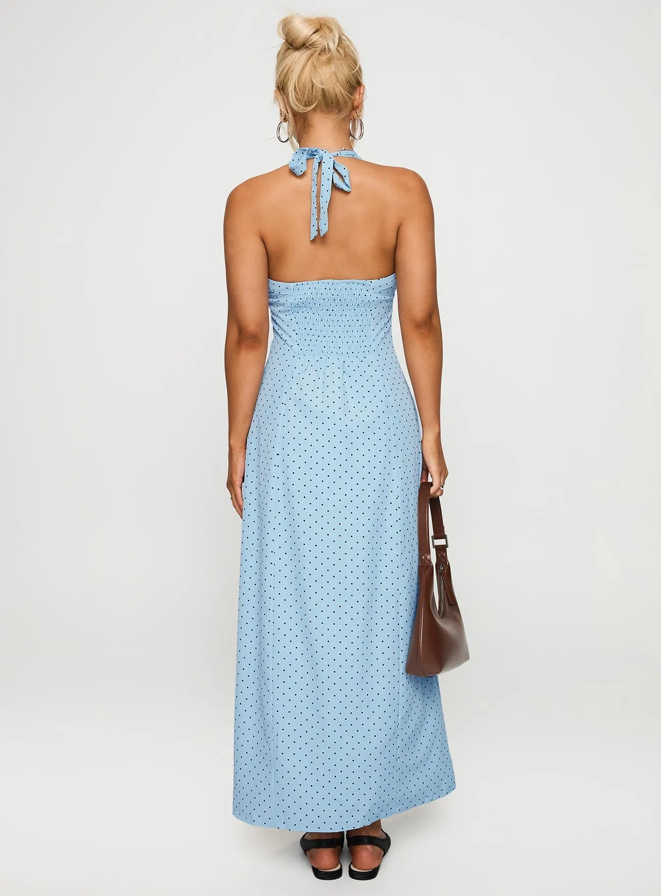 Bronze Tone Mallorie Halter Maxi Dress Blue / Black Polka