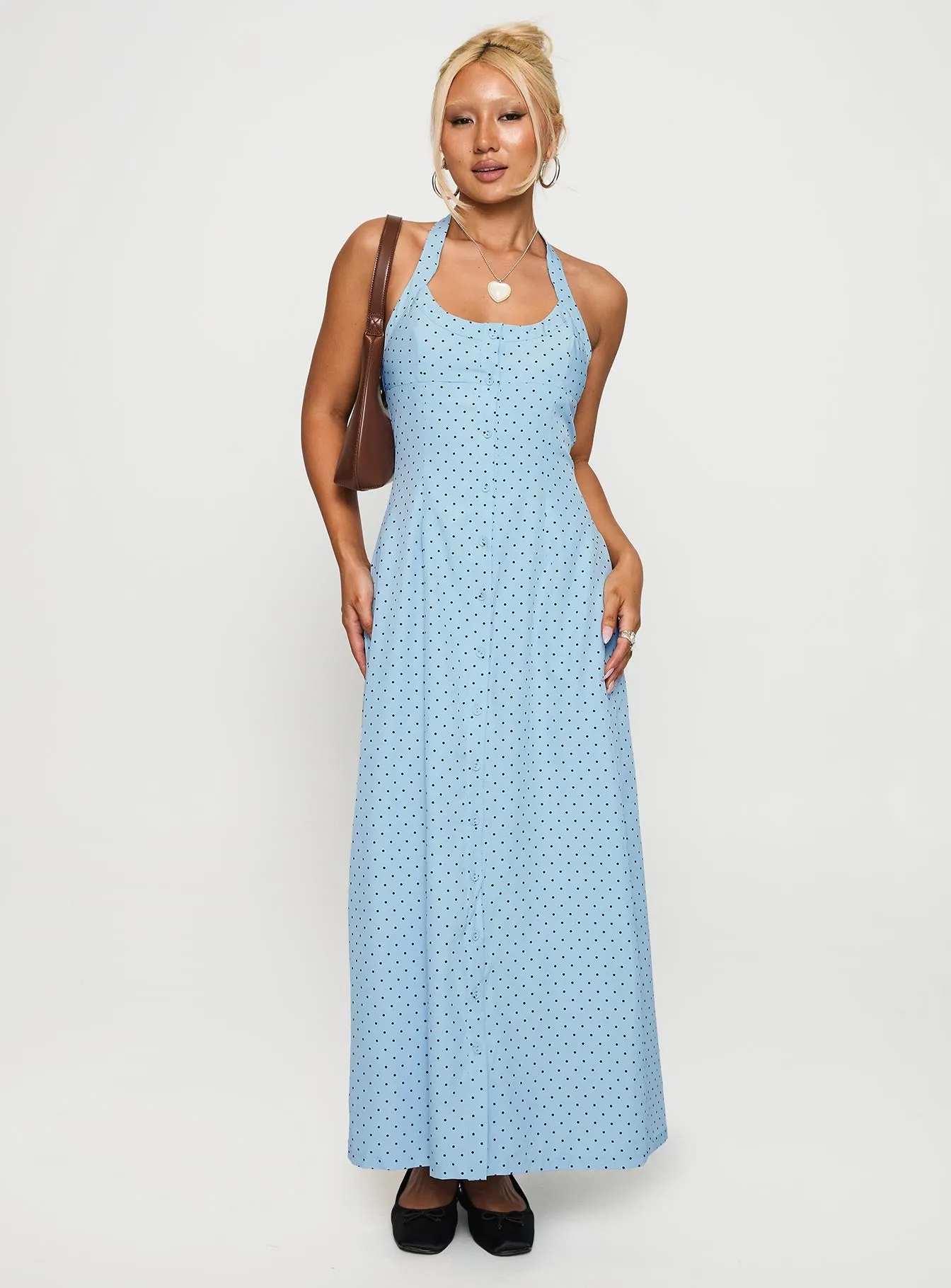 Patch Glow Suede Touch Mallorie Halter Maxi Dress Blue / Black Polka