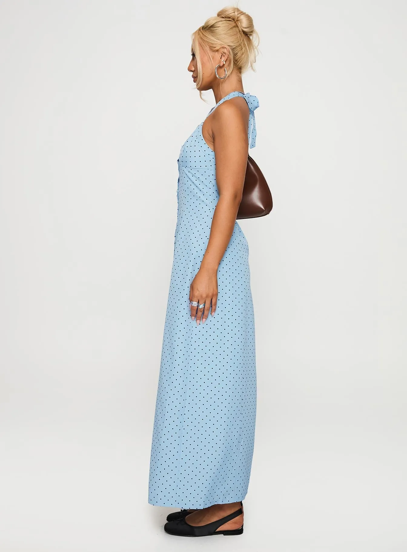Pine Path chiffon flow Mallorie Halter Maxi Dress Blue / Black Polka