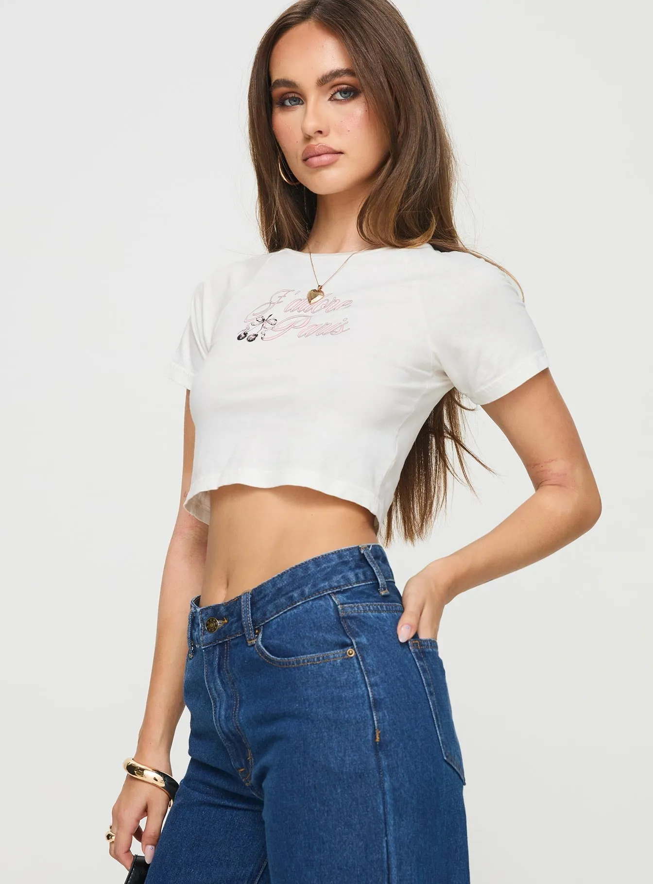 Stretchable Collar Band Beach Outfit Take Me To Paris Baby Tee White