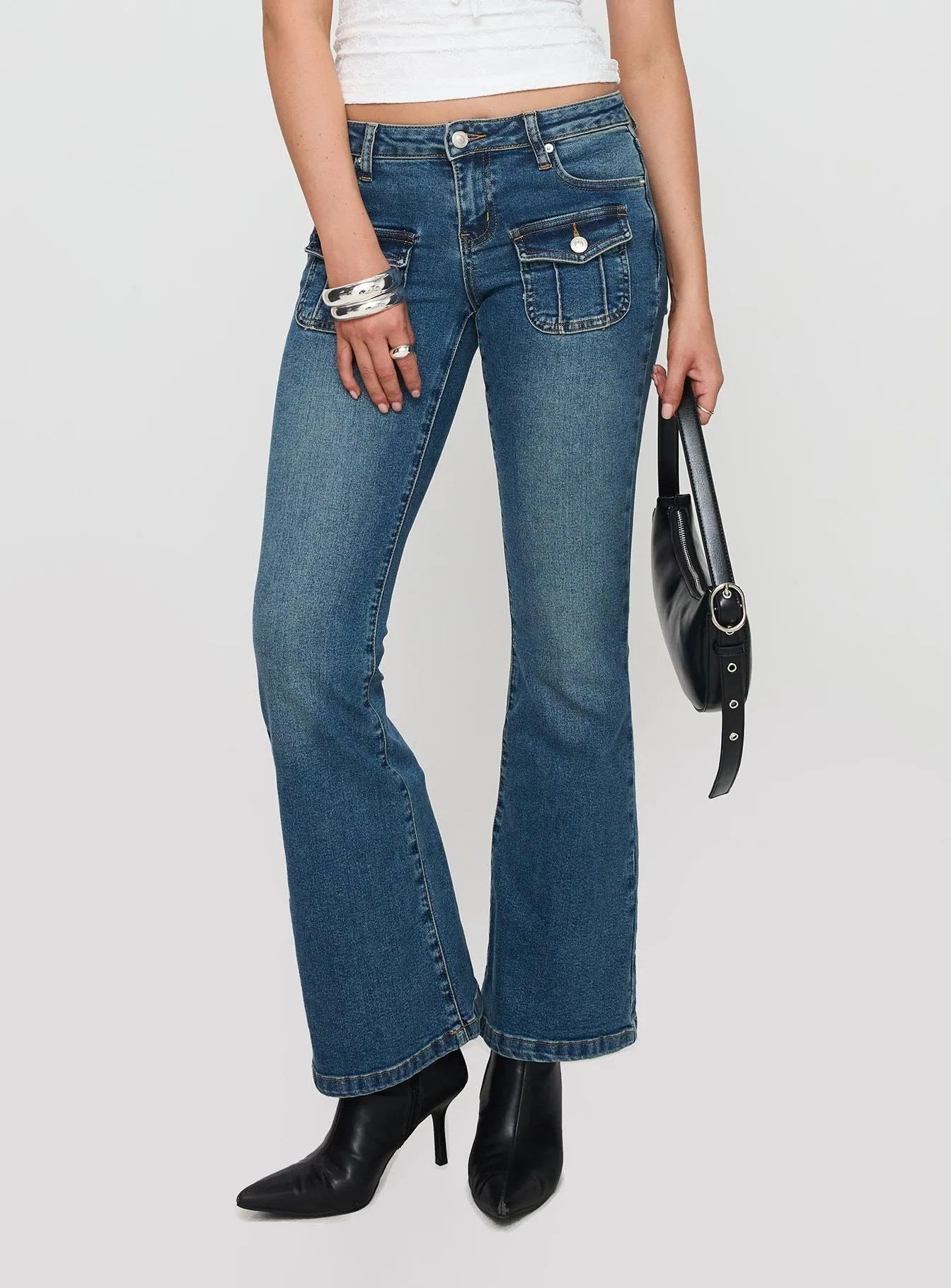 Thompson Low Rise Flared Jeans Mid Wash All Season Style Night Out Everyday Holiday Vibes