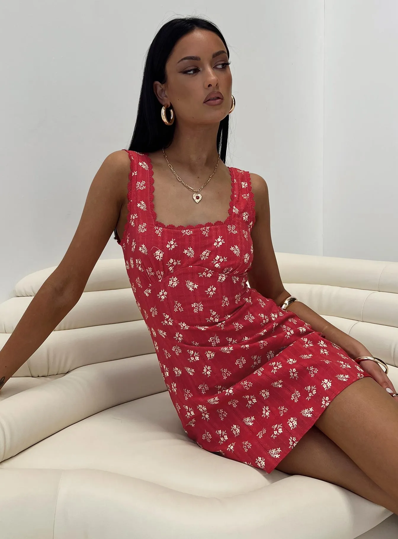 Dasha Mini Dress Red Floral Double Layered Collar