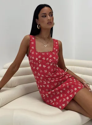 Dasha Mini Dress Red Floral Double Layered Collar