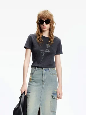 Rose Pattern Cotton T-shirt Zip Up