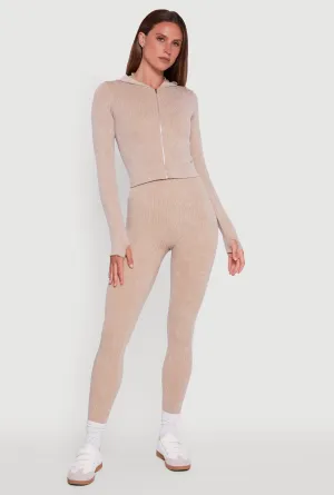 Ribbed Knit High Waisted Acid Wash Leggings Pull on