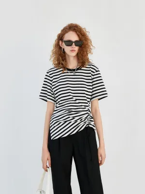 Effortless Fashion Striped Drawstring Detail T-shirt