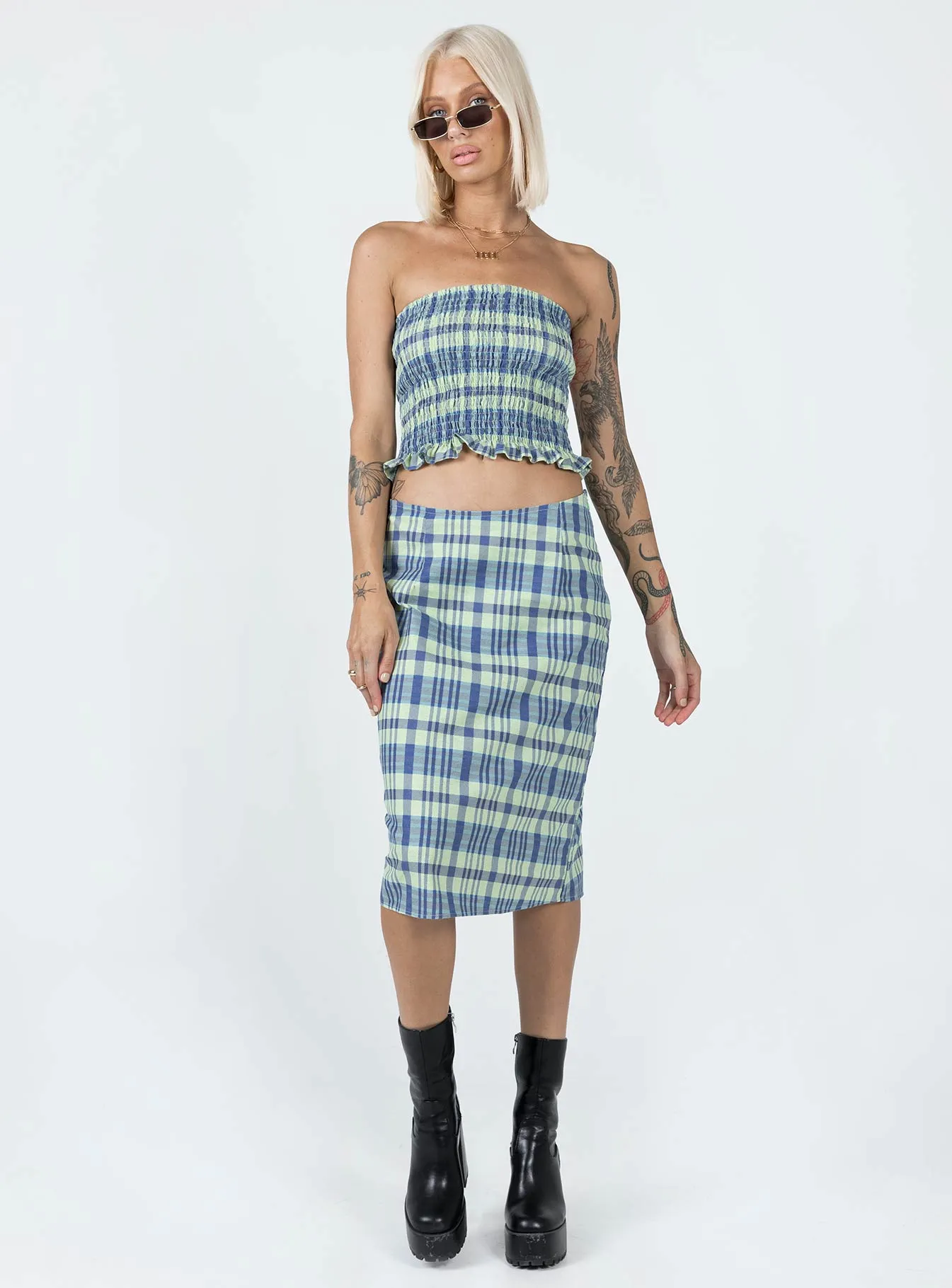 Motel Kiyo Top Colourpop Check Blue Odor Resistant Treatment LightweightLayeredFabric