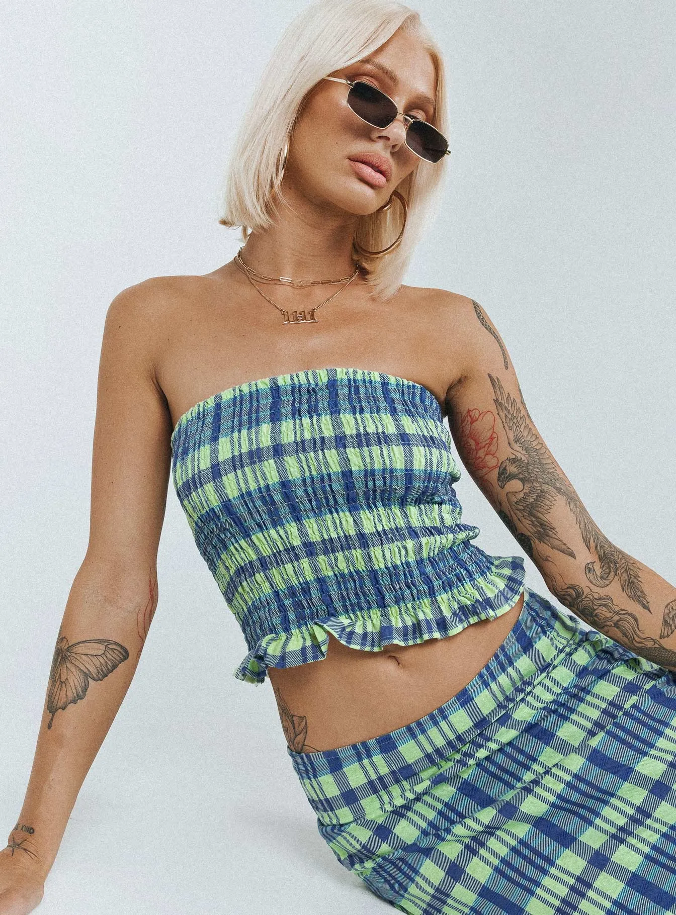 Stretchable Waistband Flexible Design Motel Kiyo Top Colourpop Check Blue