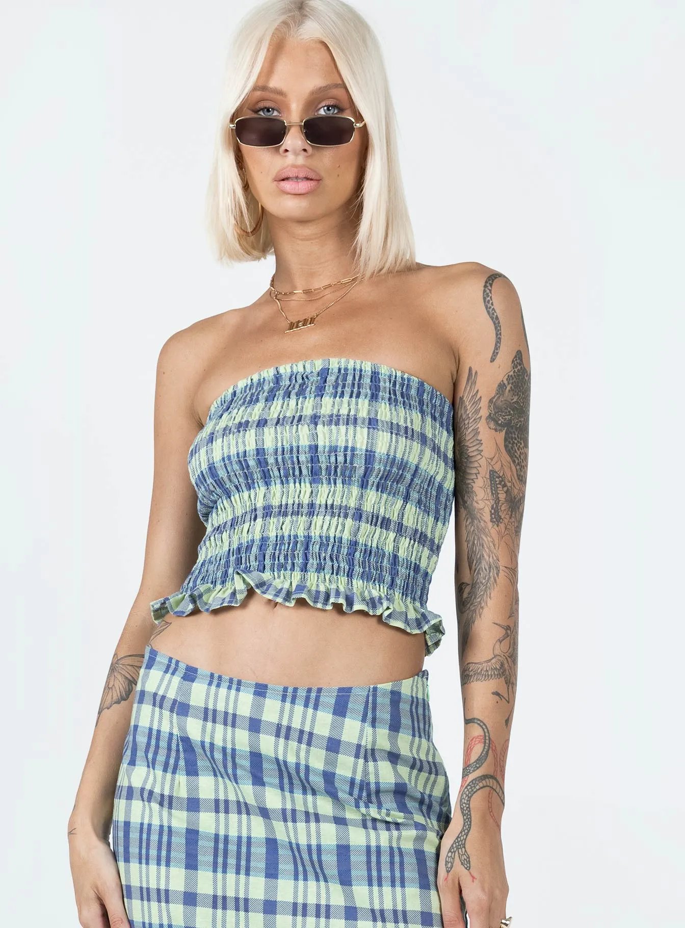 Motel Kiyo Top Colourpop Check Blue SweatAbsorbent Weighted Hem Trim