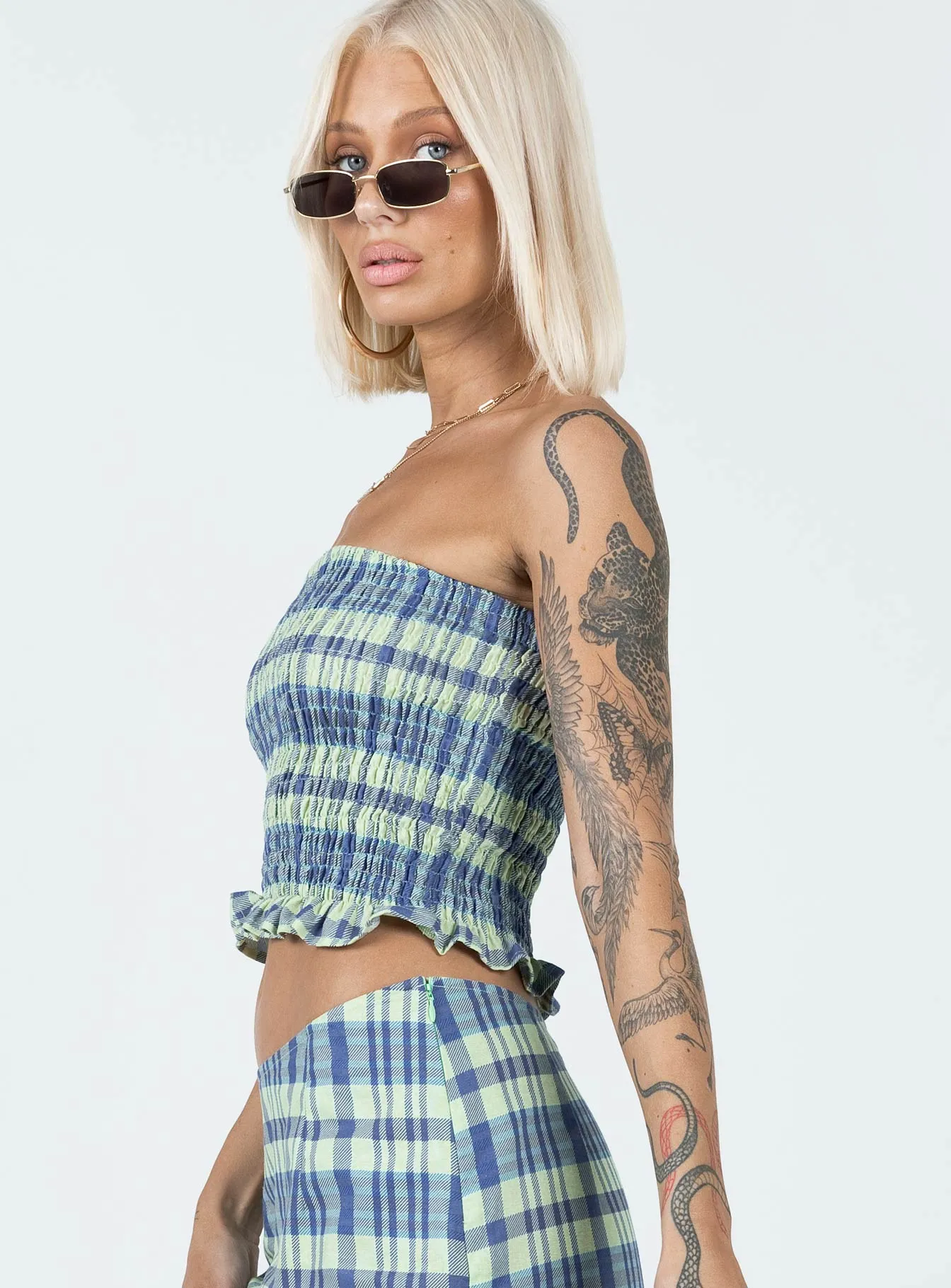 Circular Knit Motel Kiyo Top Colourpop Check Blue