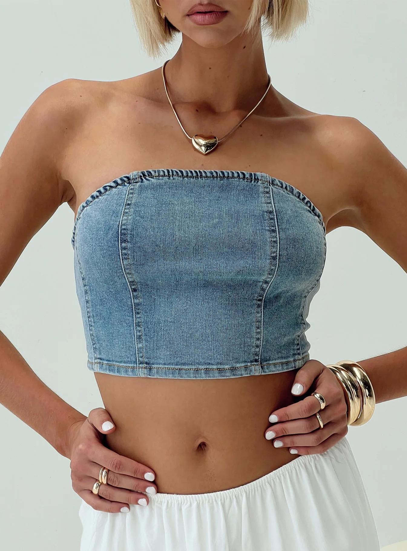 Resilient Elasticity Wear Resistant Edge Roderick Strapless Denim Top Blue