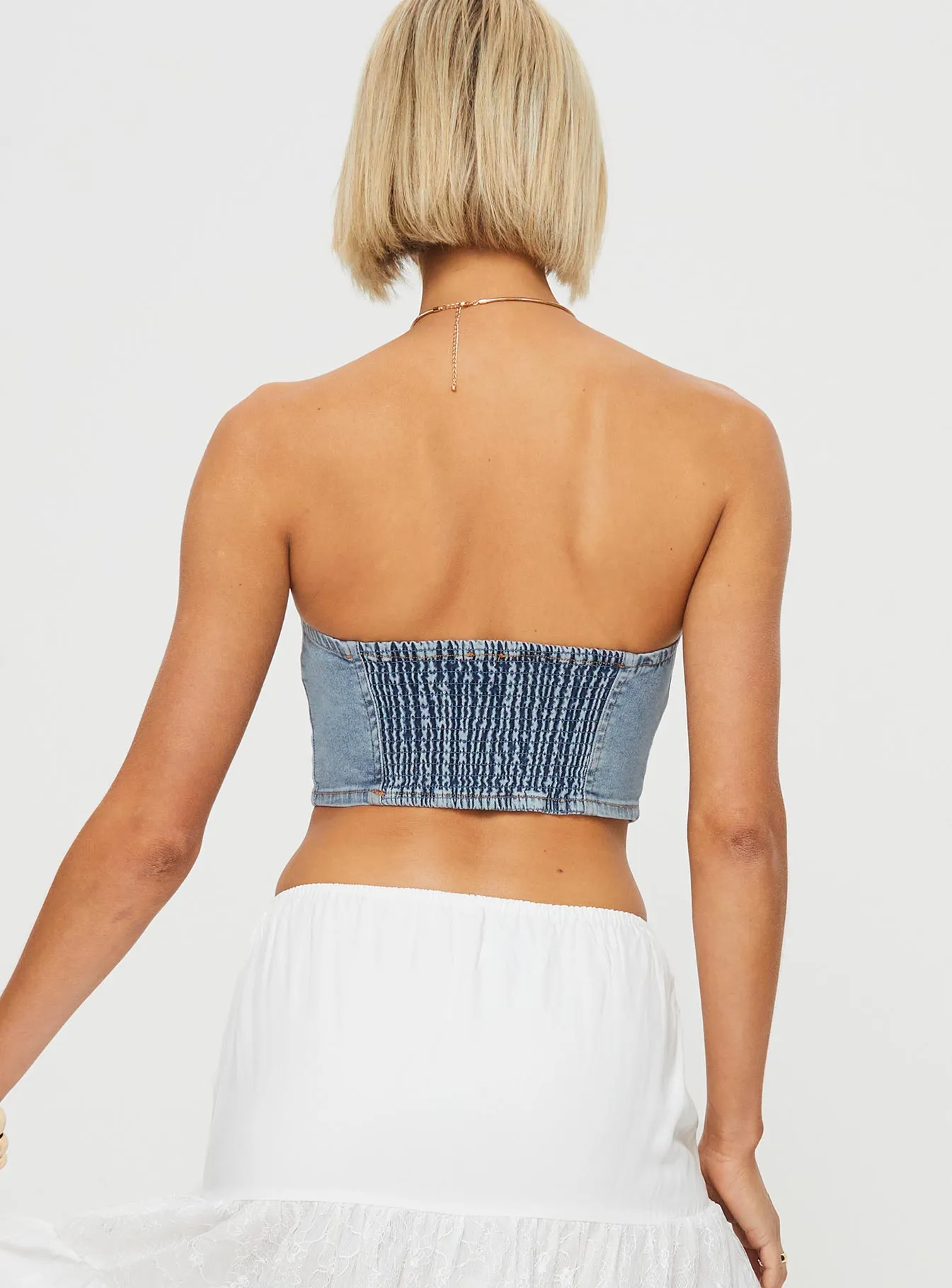 Moisture Control Technology Breathable mesh panel Roderick Strapless Denim Top Blue