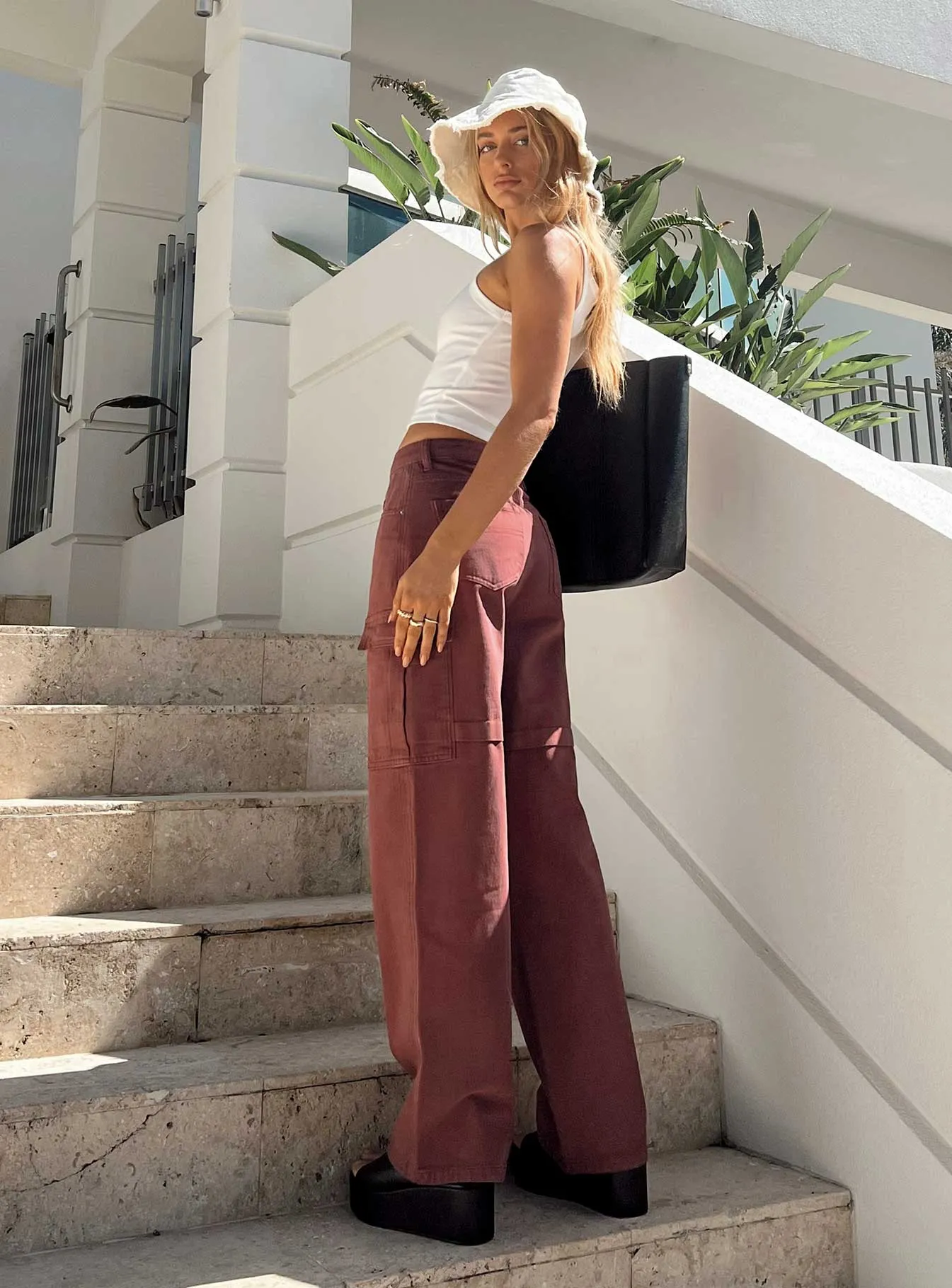Smooth Lightweight Sporty Look Addy Wide Leg Cargo Jeans Burgundy
