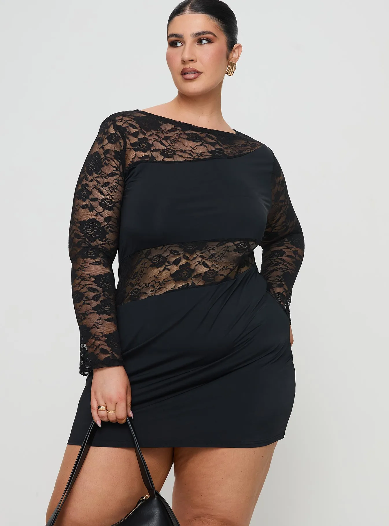 Crop Cut Covington Long Sleeve Mini Dress Black Curve