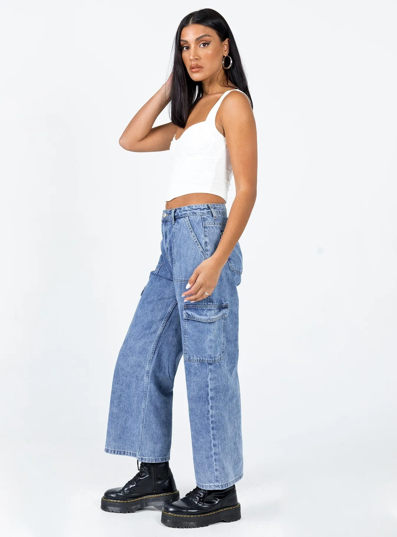 Blessing Mid Wash Cargo Jean Denim Office Wear Modern Rainy Day Weekend Style Outdoor Adventure