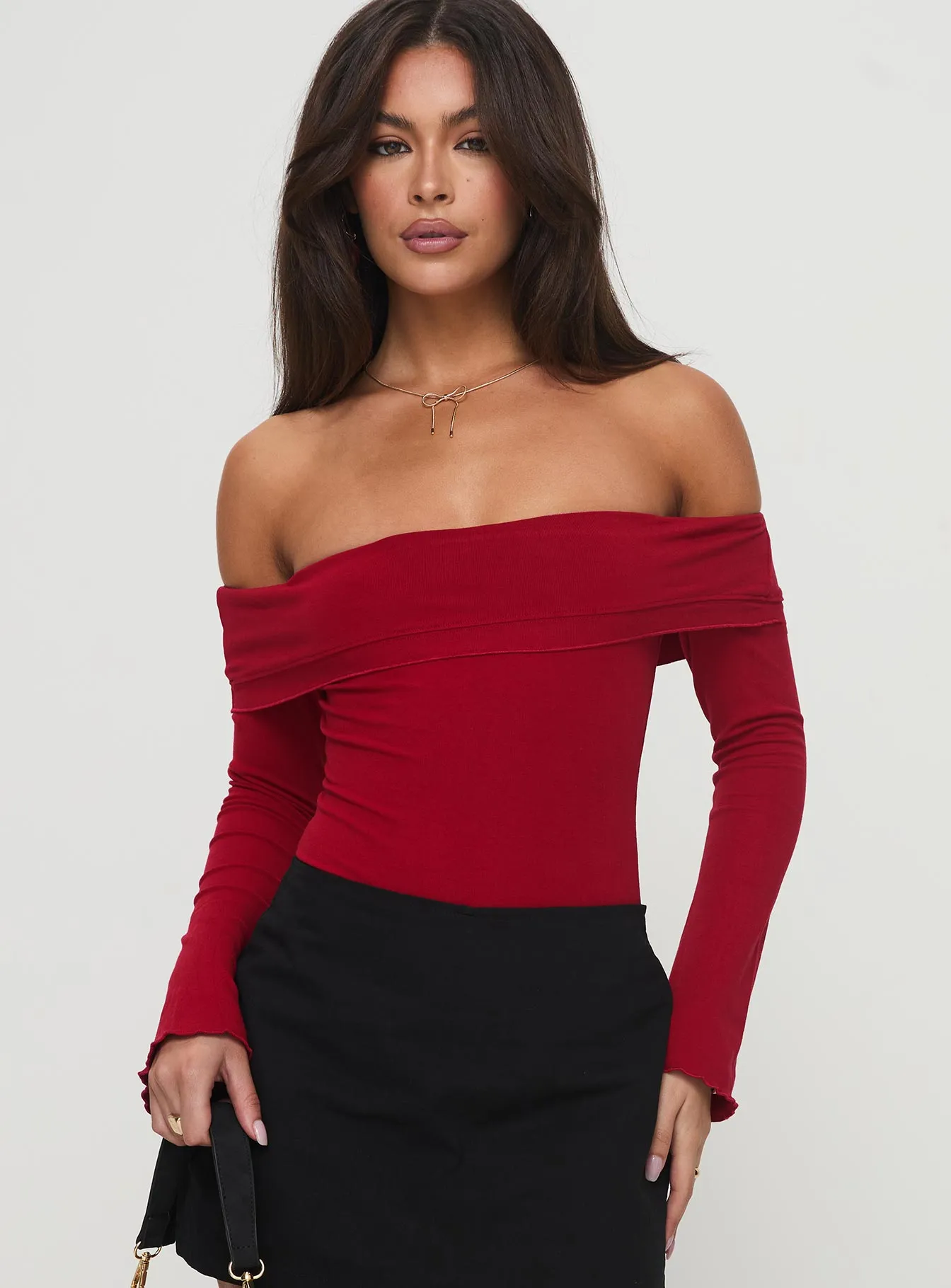 Luxury Minimal Afterglow Off The Shoulder Bodysuit Burgundy