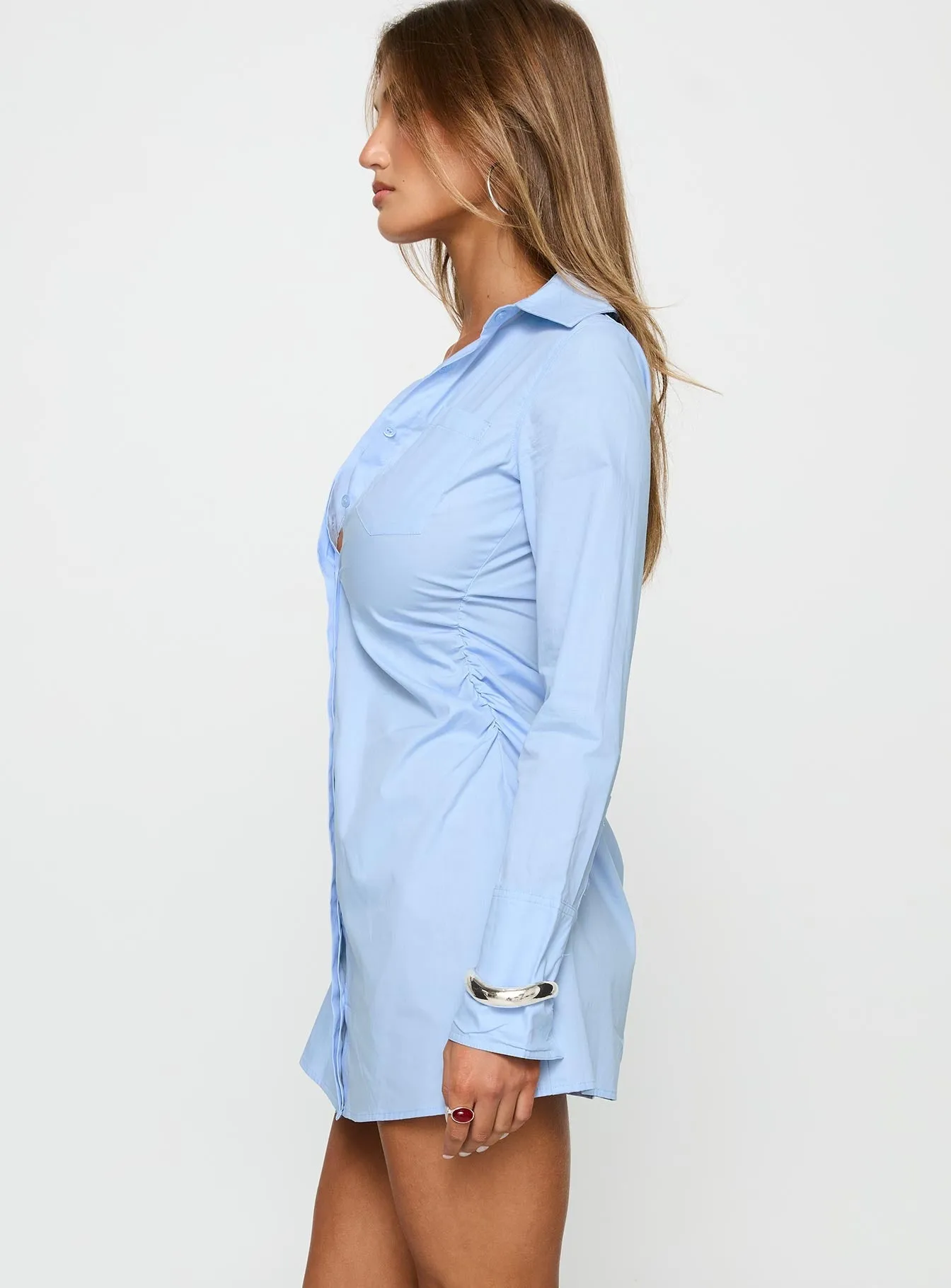 Cesarina Ruched Shirt Mini Dress Blue Elastic cuffs Coquette Feel