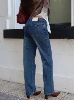 So Dazzling Studded Low Rise Straight Leg Jeans Dark Wash Plain Favorite