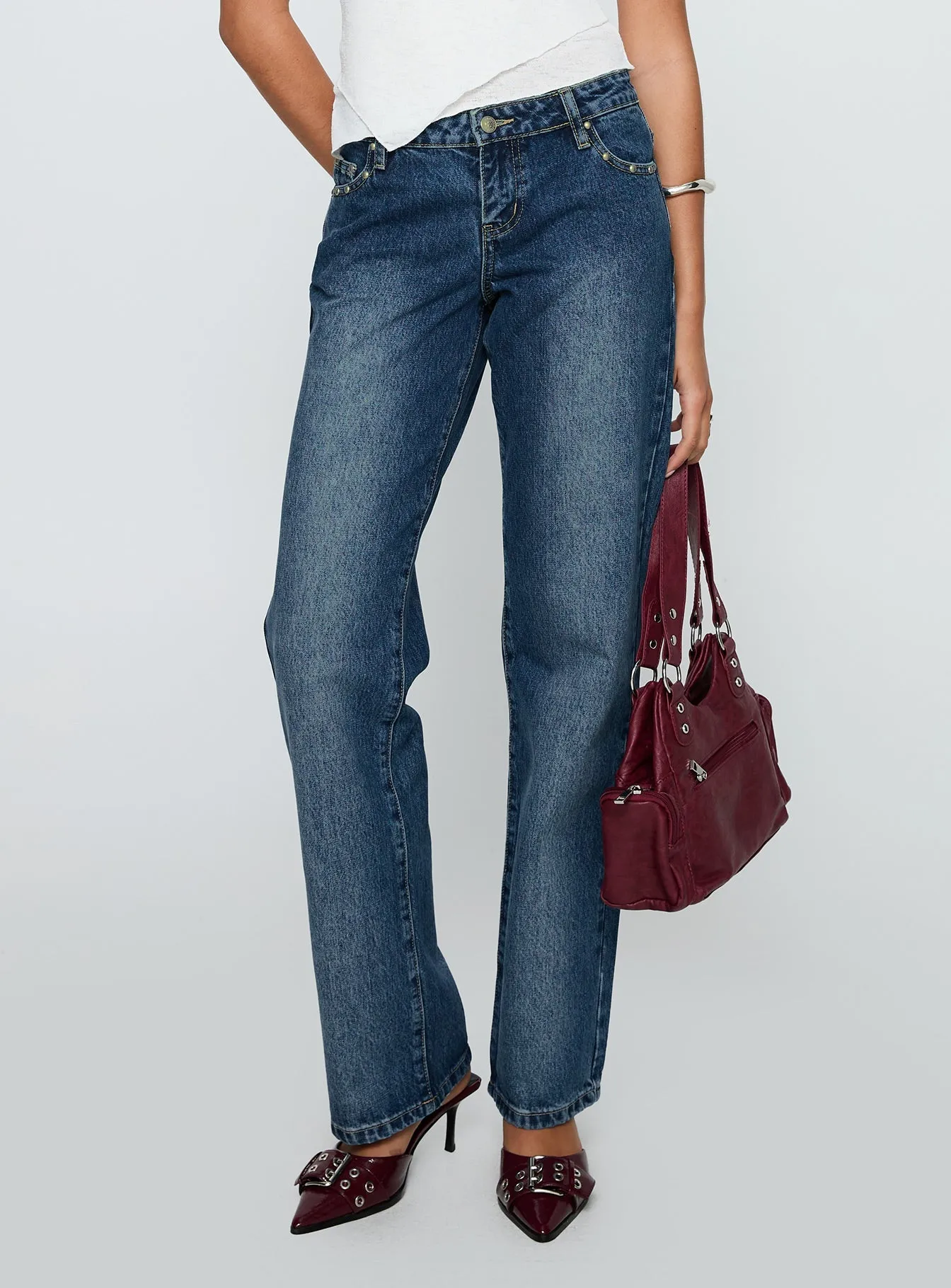 Outfit Staple Outfit Formula So Dazzling Studded Low Rise Straight Leg Jeans Dark Wash