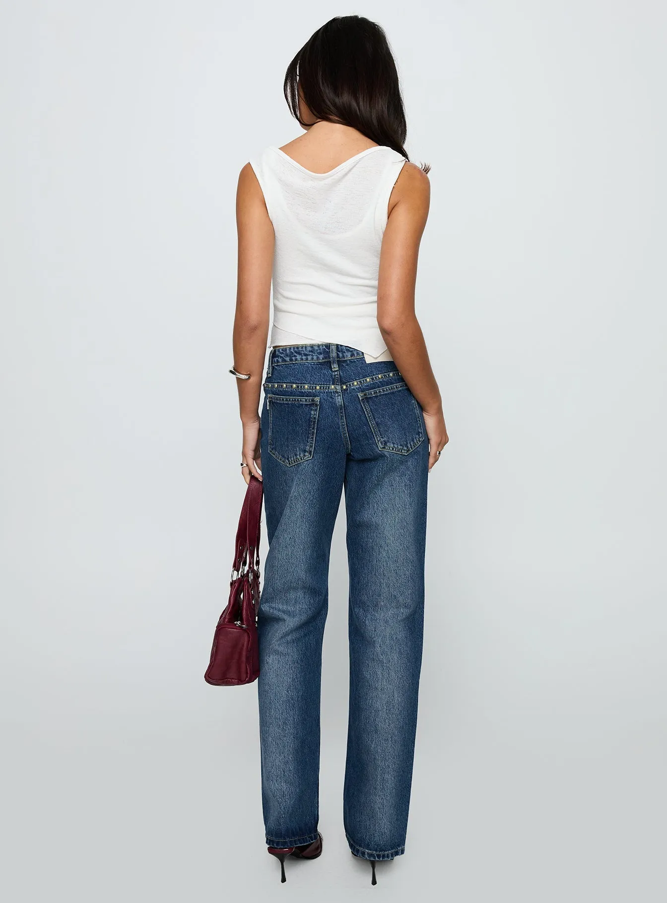 Work Meeting Weekend Style Streetwear Fan So Dazzling Studded Low Rise Straight Leg Jeans Dark Wash
