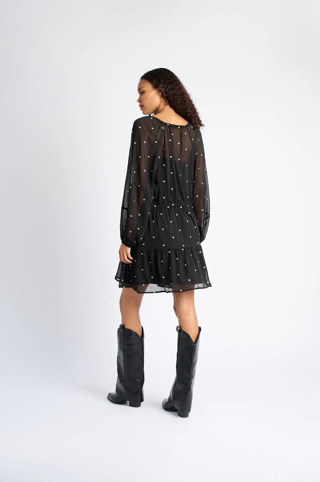 Black Georgette Short Dress with Gold Embroidered Spots AbrasiveReinforcedZones