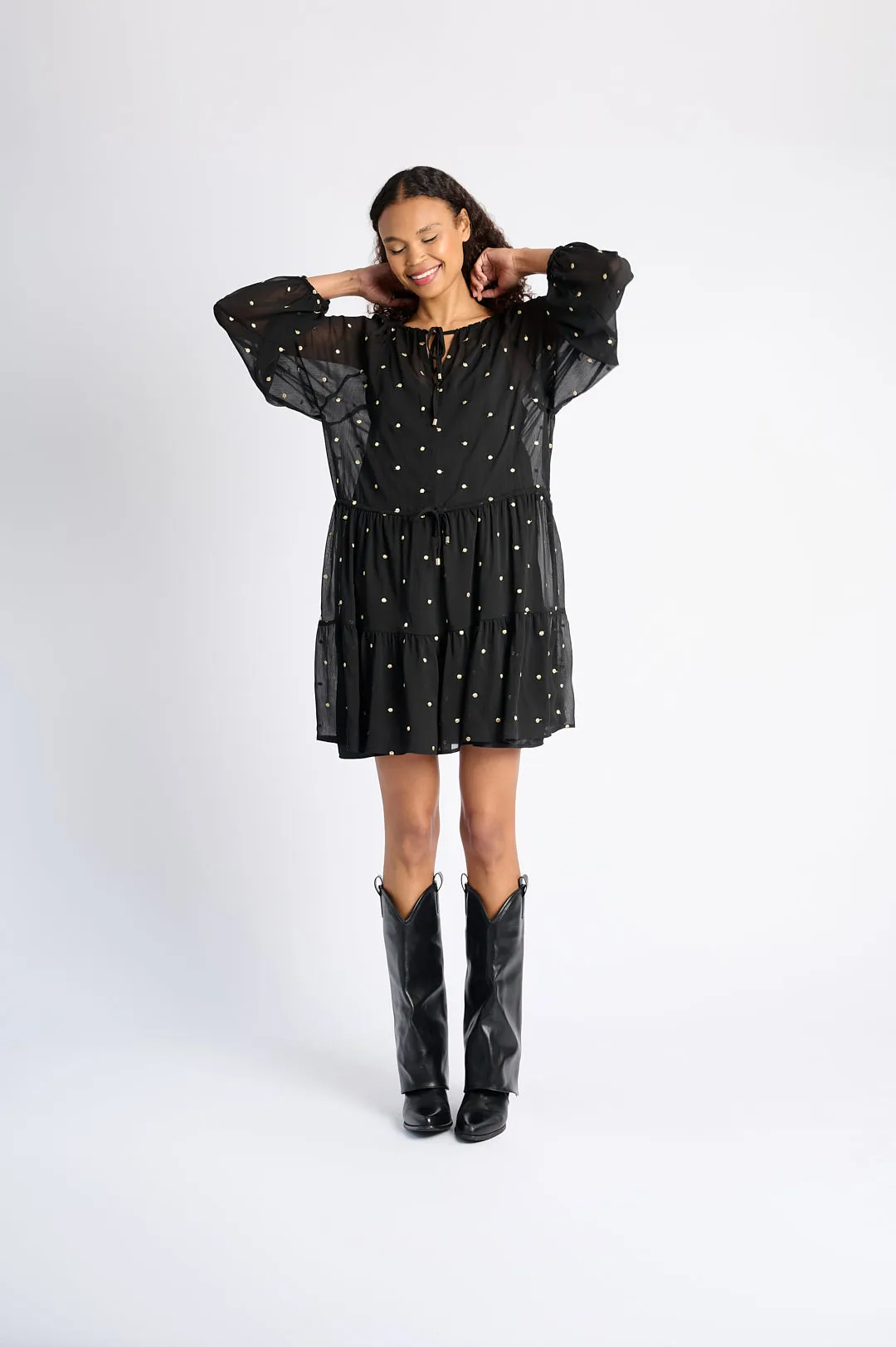 Black Georgette Short Dress with Gold Embroidered Spots Design Glow Festival Air
