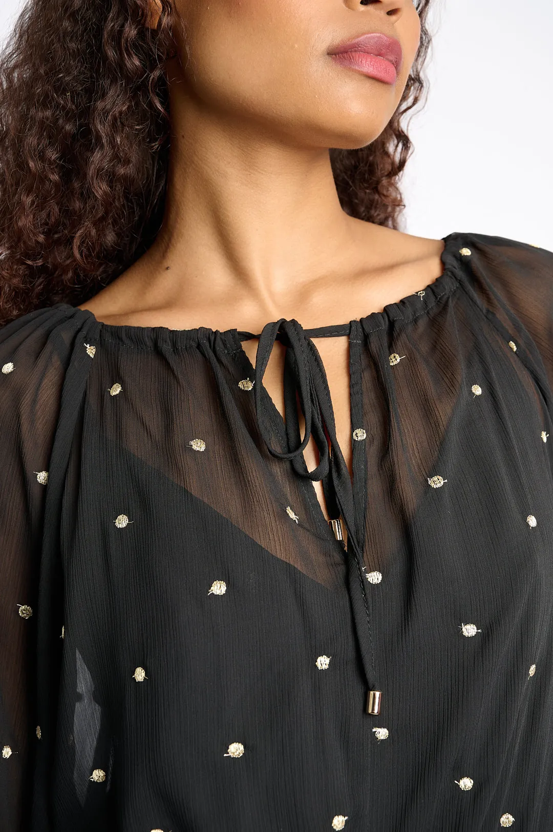 Black Georgette Short Dress with Gold Embroidered Spots Classic Mode Model Glow