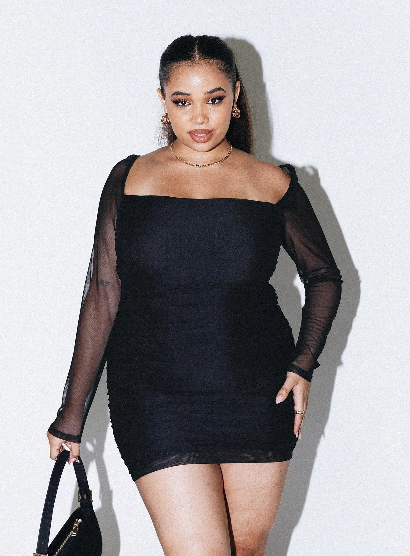 Charvi Long Sleeve Mini Dress Black Curve Bright sun dress Twist Front Draping